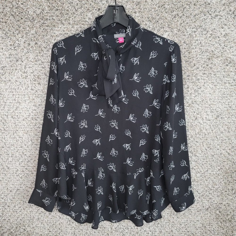 Vince Camuto Top Womens Small Black Floral‎ Print Neck Tie Blouse Semi Sheer